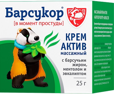 Барсукор Крем-актив массажный с барсучим жиром эвкалиптом и ментолом в момент простуды 25мл  &