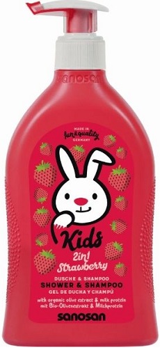 SANOSAN KIDS Средство для купания и шампунь Клубника 400 мл.