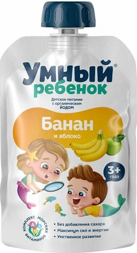 Умный ребенок Пюре Банан яблоко экстракт Ламинарии 90г с 3-лет