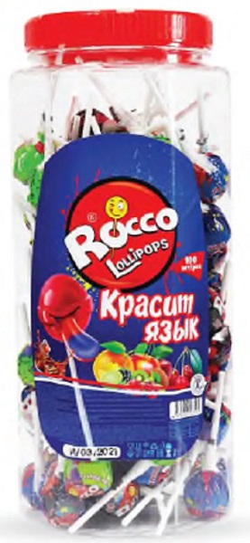 Леденец на палочке Lollipop Rocco Красит язык 16г (вишня,кола,тутти-+фрутти)