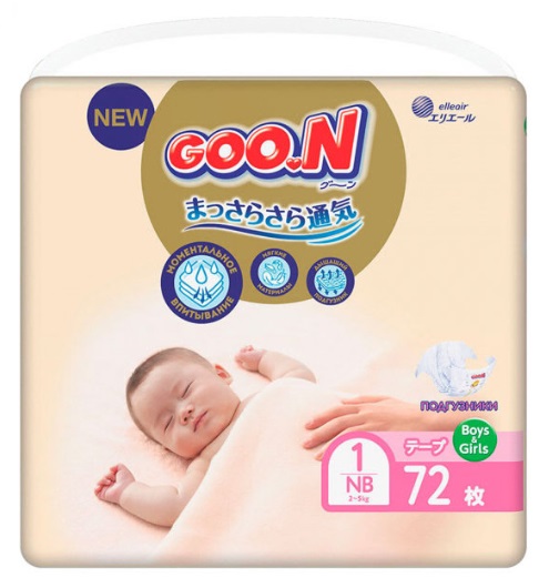 Подгузники для детей Goo.N Premium Soft №1 (2-5кг) 72шт