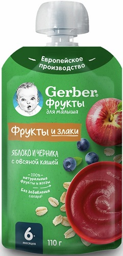 Гербер Пюре Яблоко Черника Овсяная каша 110г Пауч 