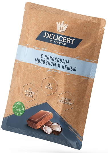 Delicert Шоколад горький с Кокосовым Молочком и Кешью 25 г без сахара