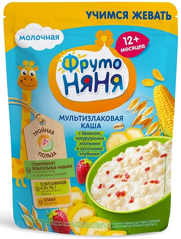 ФрутоНяня Каша молоч Мультизлак Банан кукур.хлоп.клубника 200г с 6мес
