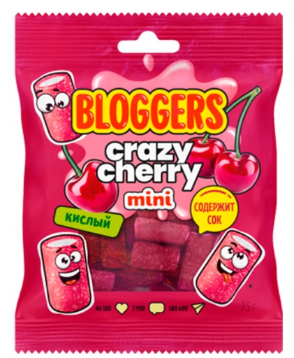 Мармелад BLOGGERS Crazy Cherry мини трубочка в кисло-сладкой обсыпке 75г
