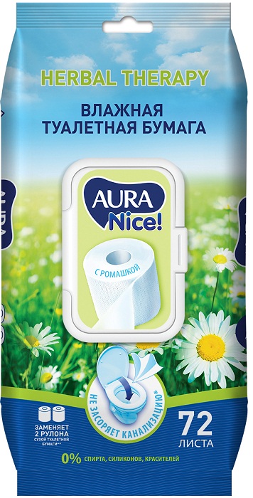 AURA Влажная туалетная бумага 72 шт NICE с Крышкой Экстракт Ромашки