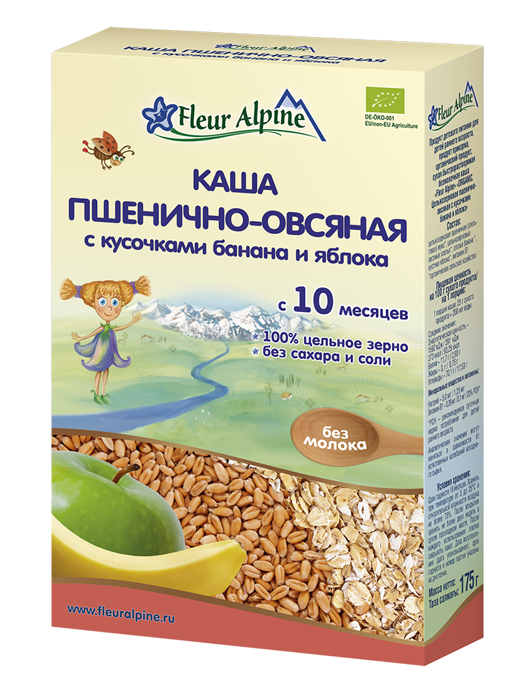 Fleur Alpine Каша Пшенично-овсяная 200г с кусочками банана  и яблока с 10 мес.