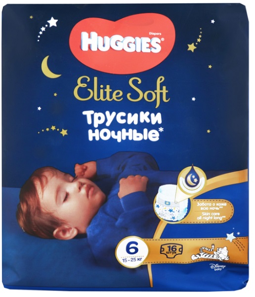 Трусики-подгузники для детей HUGGIES ELITE SOFT Overnights №6 ( 15-25 кг ) 16 шт