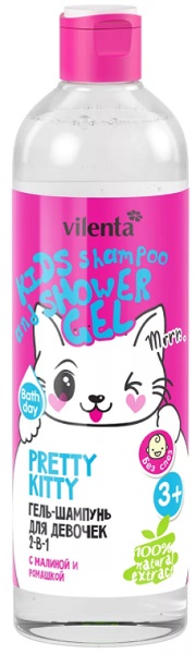 Vilenta Pretty Kitty 3+ гель шампунь для девочек 2в1 с Малиной и ромашкой 400 мл