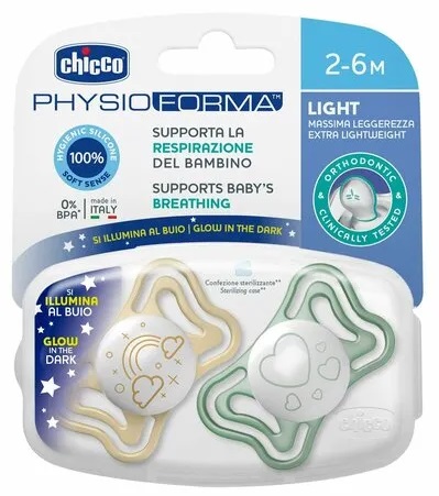 Соска-Пустышка Силиконовая CHICCO 2м+ Physio Light 2шт светящиеся