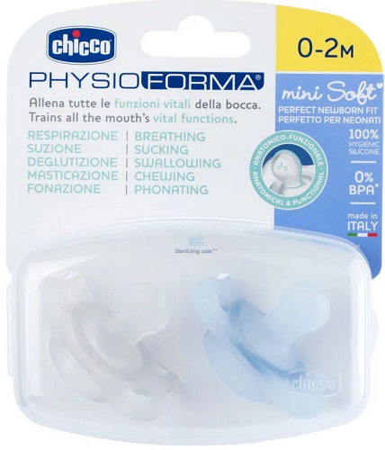 Соска-Пустышка Силиконовая CHICCO 0-2м ( 2 шт ) PhysioForma Mini Soft  Голубая