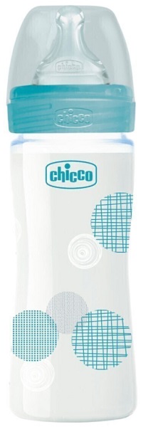 Бутылочка Стеклянная CHICCO Well-Being 240мл Соска Силиконовая 0м+ Зеленая
