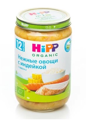 Хипп Органик Пюре Нежные овощи с индейкой 190г стекло Hipp с 12 мес