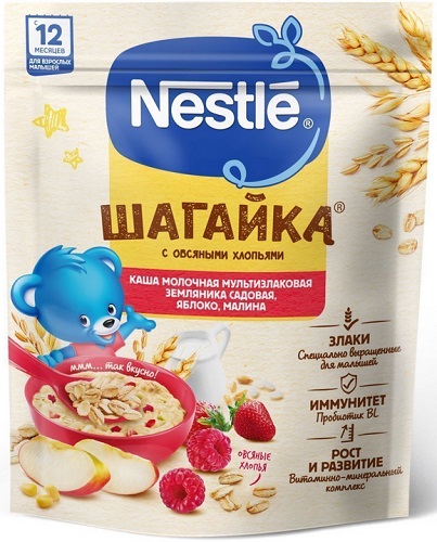 Nestle Каша Шагайка Злаковая Земляника, яблоко, малина 190г с 12 мес.