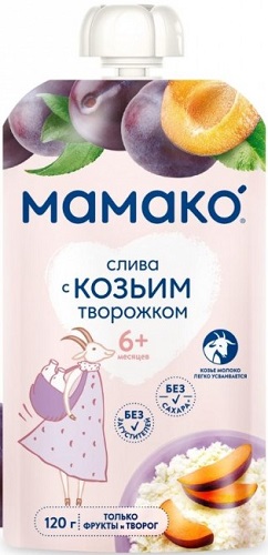 Мамако Пюре Груша Слива с козьим творожком 120г с 6 мес пауч
