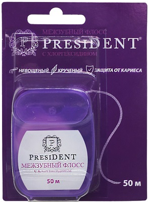 Зубная нить PRESIDENT с Хлоргексидином 50м Невощеный