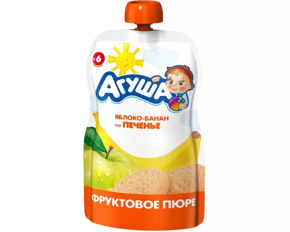 Агуша Пюре Яблоко- банан- печенье 90г с 6 мес Пауч