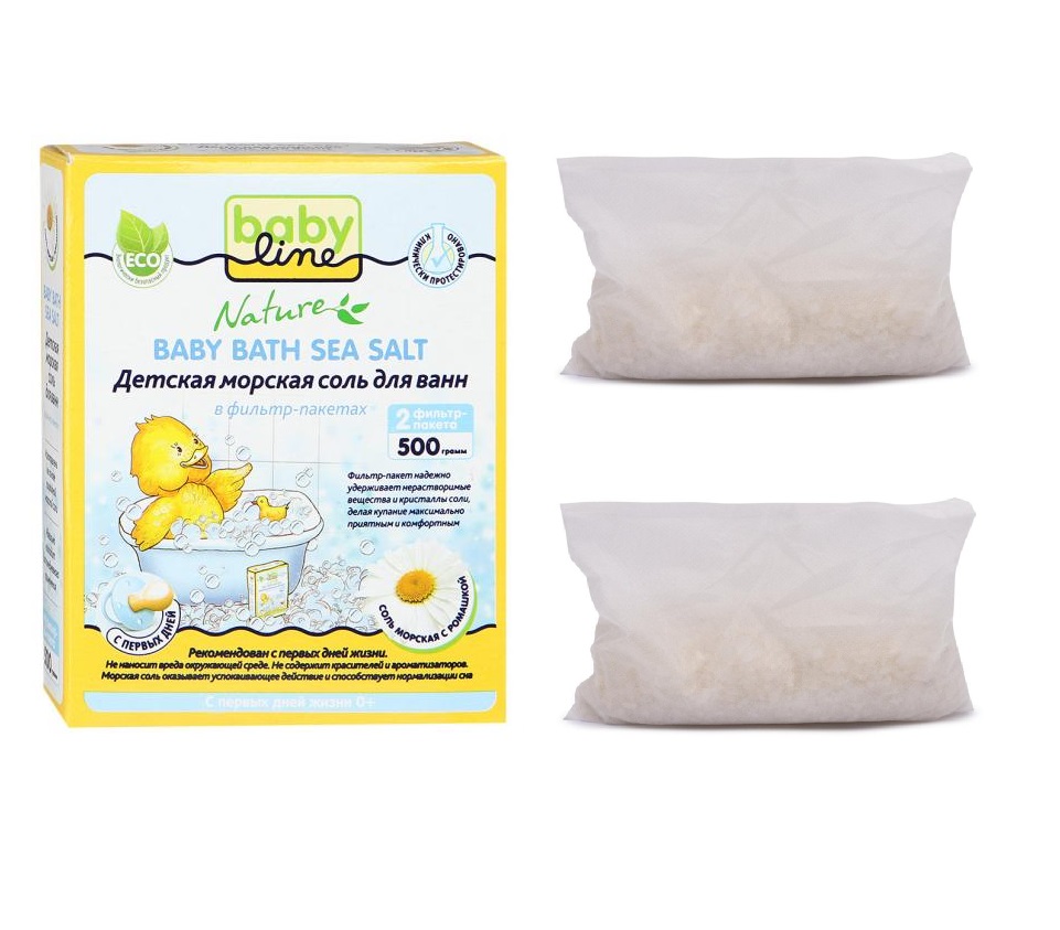 BABY LINE Детская морская соль для ванн с ромашкой 0М+ 500г(2х250г)