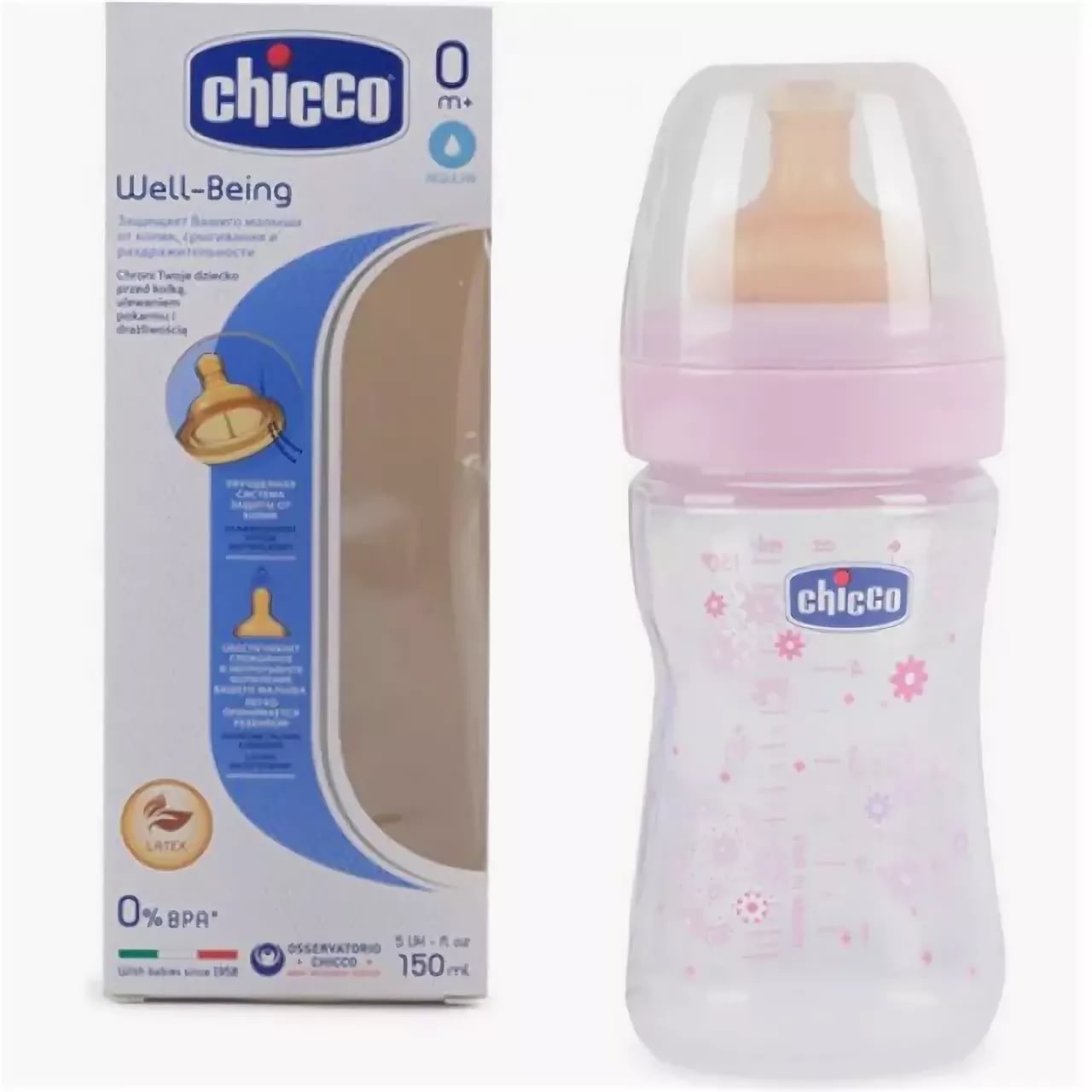 Бутылочка Пластиковая CHICCO Well-Being 150мл Соска Латексная 0м+ Pink