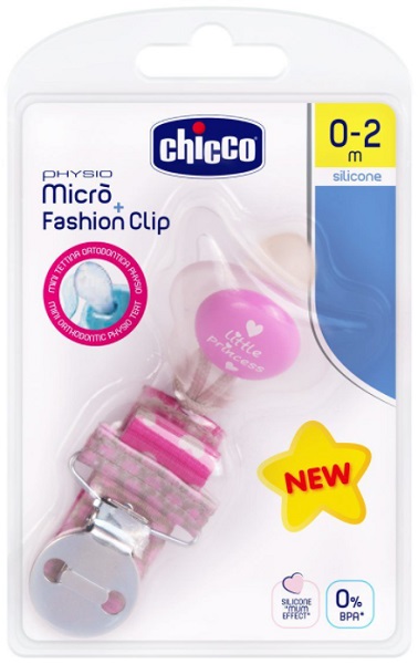 Соска-Пустышка Силиконовая CHICCO 0-2м (1шт) Physio Micro + Держатель пустышки Girl