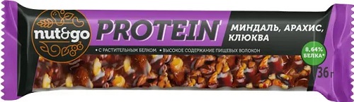 Protein Nut&Go Батончик Протеин Миндаль Арахис клюква 36г