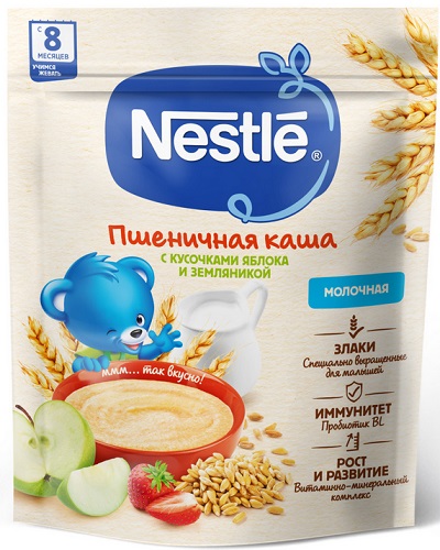 Nestle Каша молочная Пшеничная 200г с кусочками яблока и земляникой с 8-ми мес. 