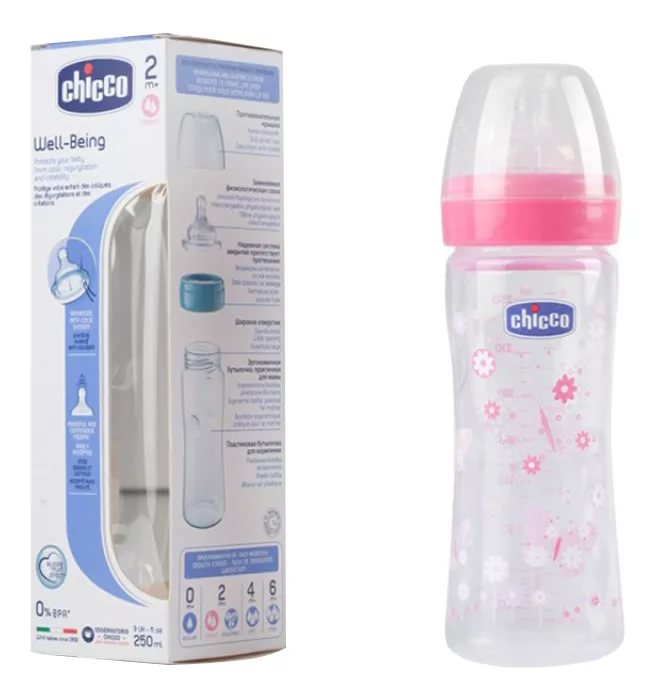 CHICCO WELL-BEING Бутылочка  для кормления пластиковая розовая 250 мл +2 мес силикон