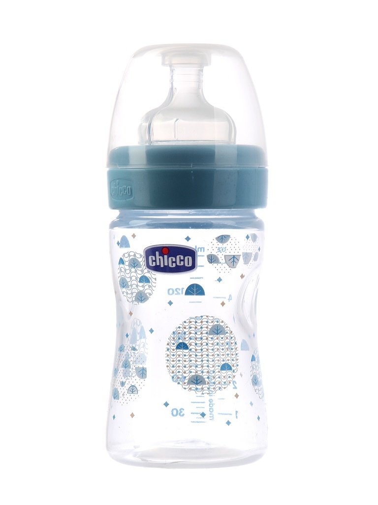 CHICCO WELL-BEING Бутылочка для кормления 150 мл +0 мес силикон голубая