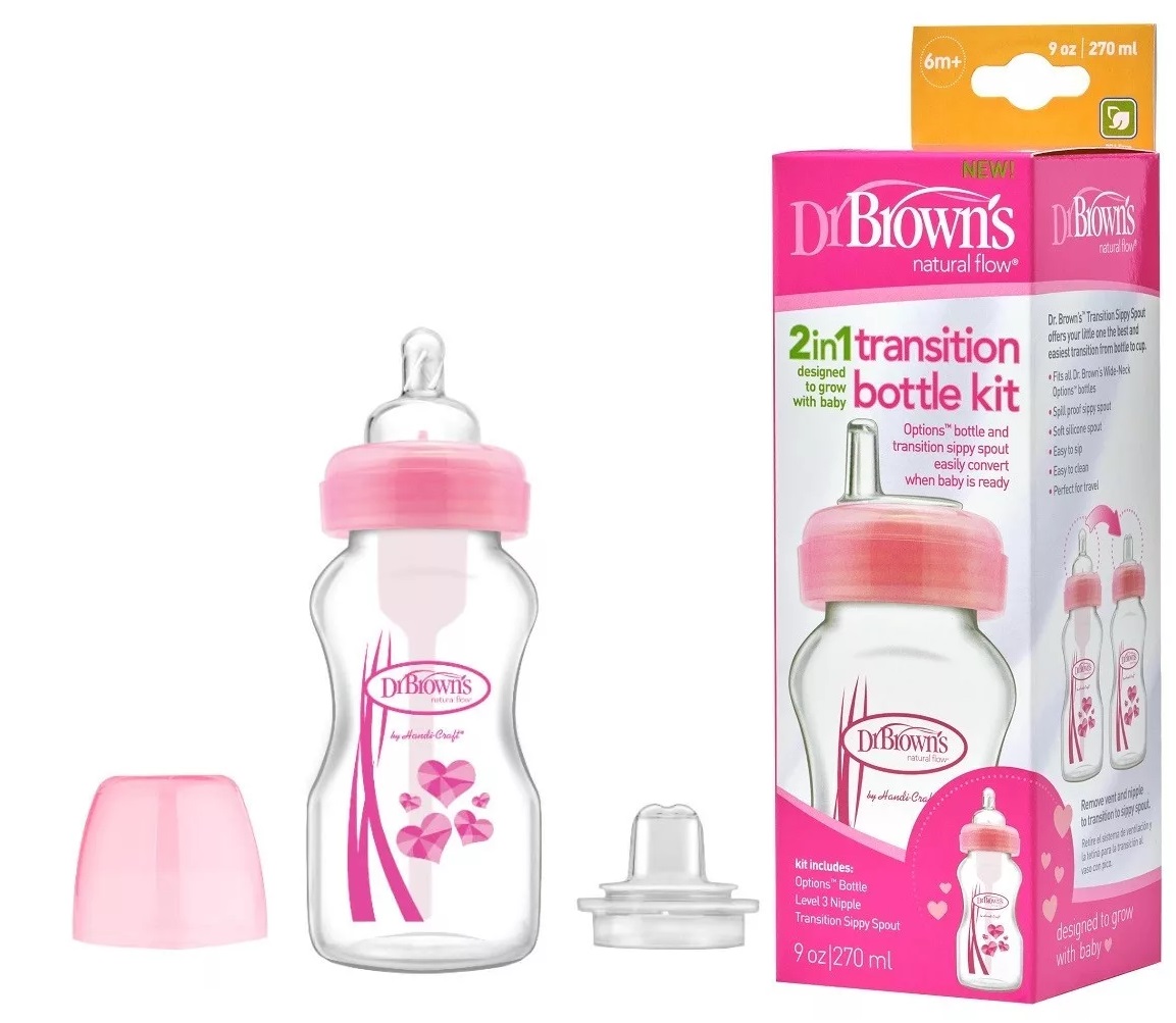 Бутылочка Пластиковая 2в1 DrBROWNS 270мл Pink с Широк/горлыш Соска Силиконовая 6м+ и Соска-носик