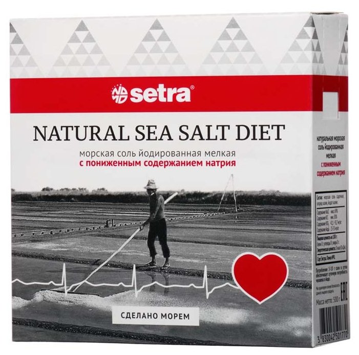 Соль Морская мелкая йодированная 500г с пониженным содержанием натрия Setra