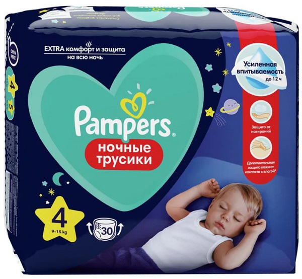 Трусики-подгузники для детей ночные PAMPERS Pants №4 (9-15кг) 30шт