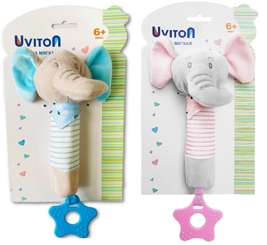 UVITON 6м+ Игрушка с пищалкой и прорезывателем Слоник арт.0128 цв.в асс.