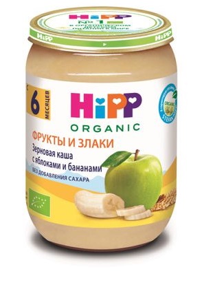 Хипп Органик Пюре Зерновая Каша яблоки и бананы 190г стекло Hipp с 6 мес