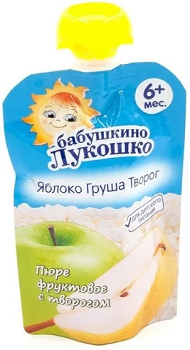 Бабушкино Лукошко Пюре Яблоко Груша творог 90г пауч с 5 мес. 