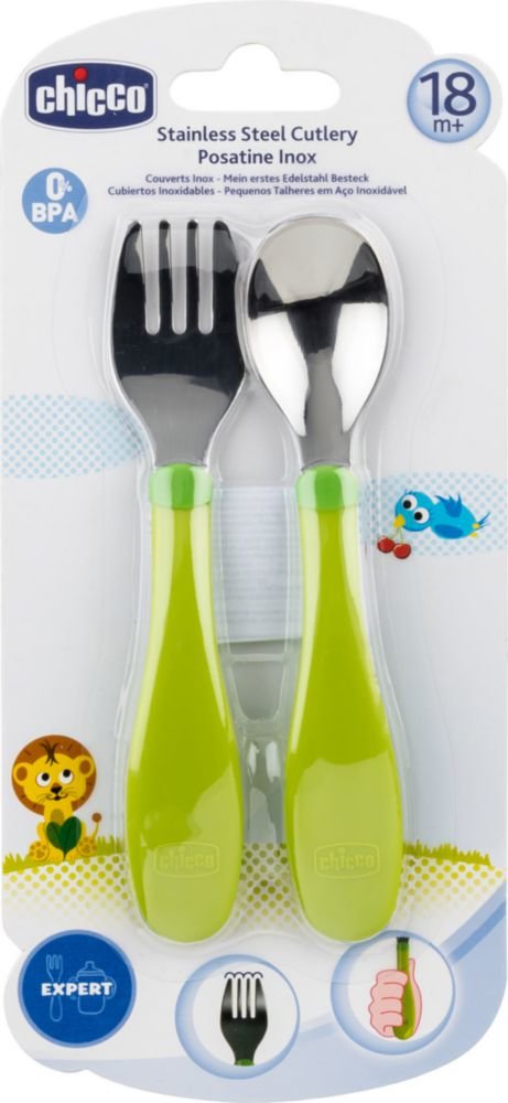 Ложка и Вилка CHICCO Metal Cutlery 18м+ Green Металлические