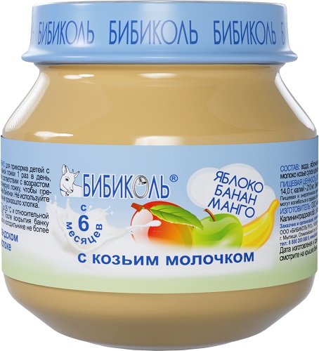 Бибиколь Пюре Яблоко Банан Манго с козьим молочком 80г с 6 мес.