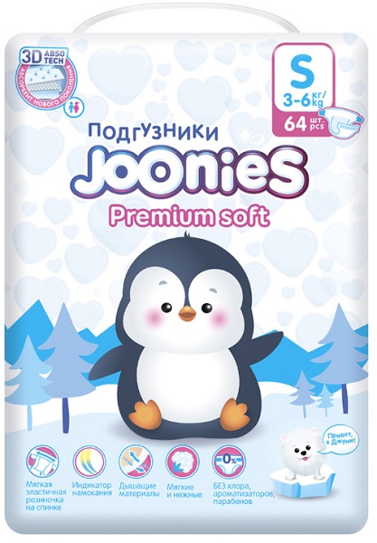 Подгузники для детей JOONIES S64 ( 3-6 кг ) 64 шт Premium Soft