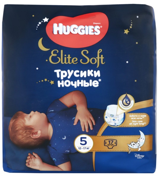 Трусики-подгузники для детей HUGGIES ELITE SOFT Overnights №5 ( 12-17 кг ) 17 шт