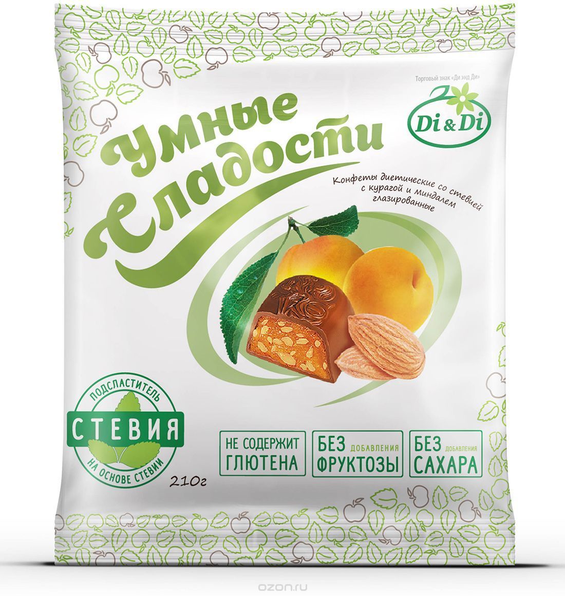 Di&Di  Умные сладости  Конфеты со стевией Курага с миндалем в шоколадной глазури  210г