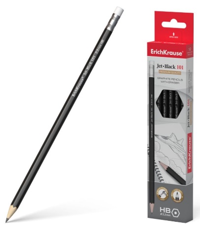 Карандаш чернографитный шестигранный с ластиком ErichKrause Jet Black (1шт)