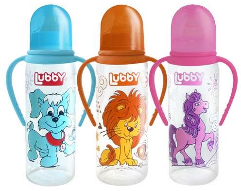 Бутылочка Пластиковая LUBBY 250мл Соска Латексная уз/г с ручками 0м+(цв.в асс.)