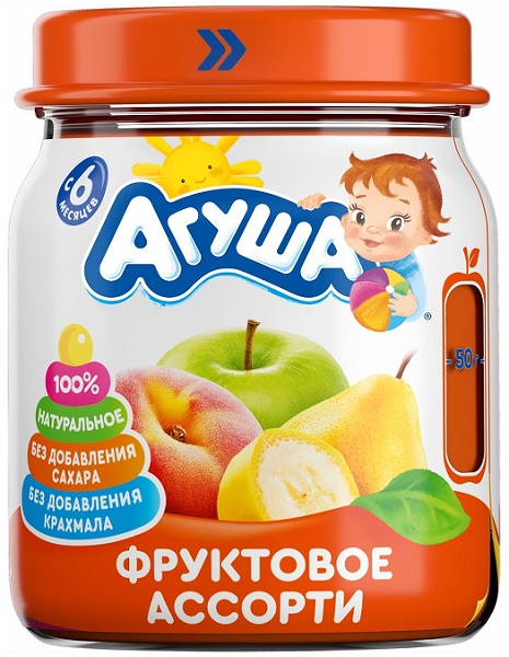 Агуша Пюре Яблоко Груша Банан Персик 100 г с 6 мес / Фруктовое Ассорти / банка стекло