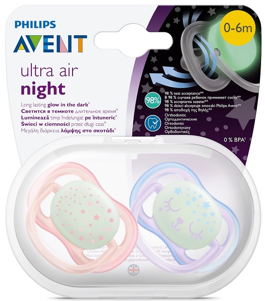 Соска-Пустышка Силиконовая AVENT 0-6м (2шт) SCF376/12 Ultra Air Night