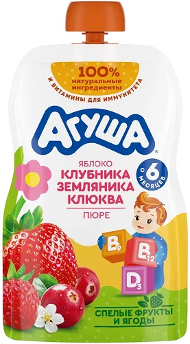 Агуша Пюре Яблоко Клубника земляника и клюква 80г БЕЛ Пауч