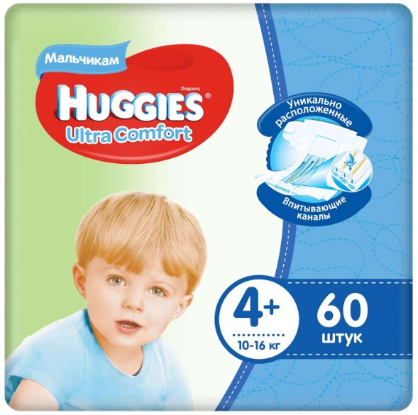 Подгузники для Мальчиков HUGGIES ULTRA COMFORT №4+ (10-16кг) 60шт