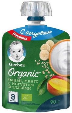 Гербер Пюре Банан манго Йогурт Злаки 90г пауч