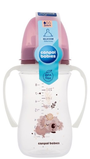 Бутылочка пластиковая CANPOL BABIES PP антиколиковая с ручками 240 мл 3м+ арт.35/237 розовый