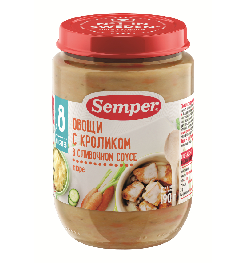 Semper Пюре Овощи с кроликом в слив. соусе 190г стекл.