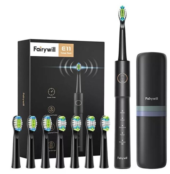Зубная щетка Электрическая Fairywill Sonic 8шт насадок и чехол E11 (чернгая)