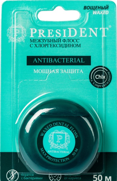 Зубная нить PRESIDENT Antibacterial с хлоргексидином 50м Вощеный